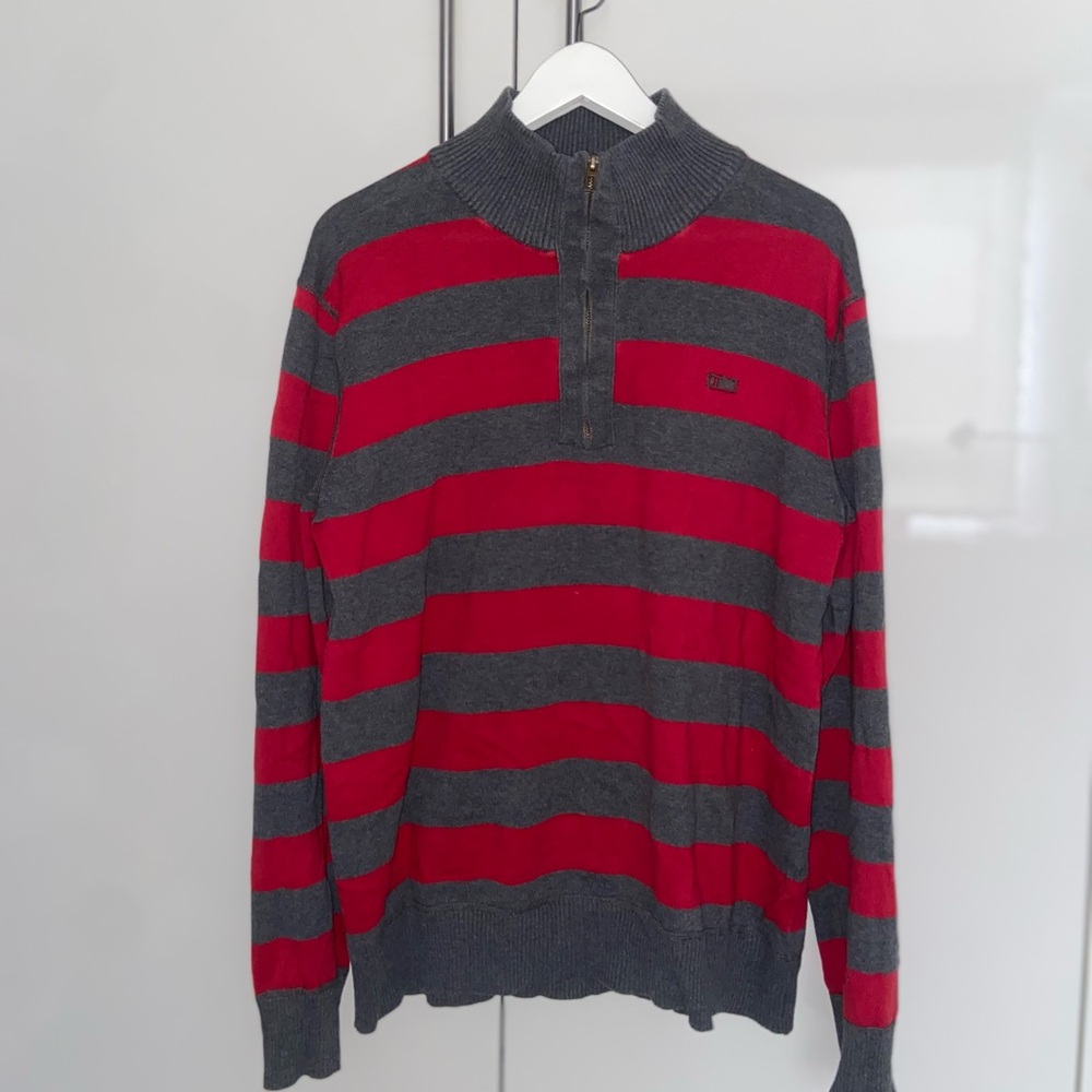Red and Gray Zip Up Striped Sweater